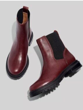 Madewell Leather Chelsea Boots Burgundy Lug Sole Pull On Women’s Size 9